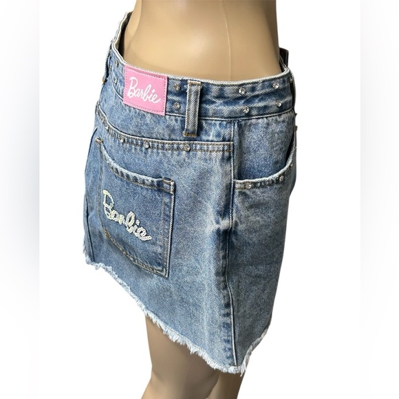 Barbie X Forever21 Rhinestone Distressed Stonewash Denim Mini Skirt Logo Women M - Picture 2 of 11